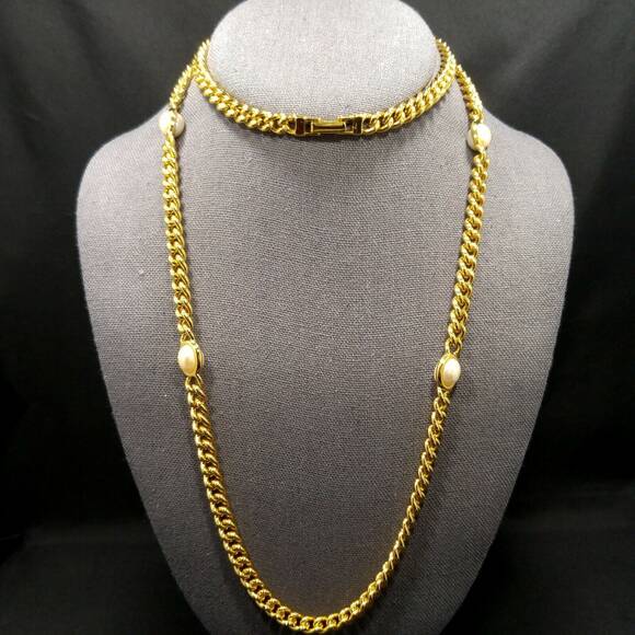 Vintage Long Gold Plated Chain Necklace, 4 Pearled Reversible Cabochons, 36 Inch - Picture 1 of 9